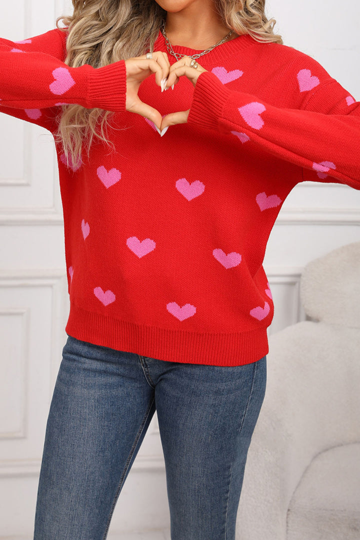 Rose Red Classic Round Neck Drop Shoulder Heart Print Sweater