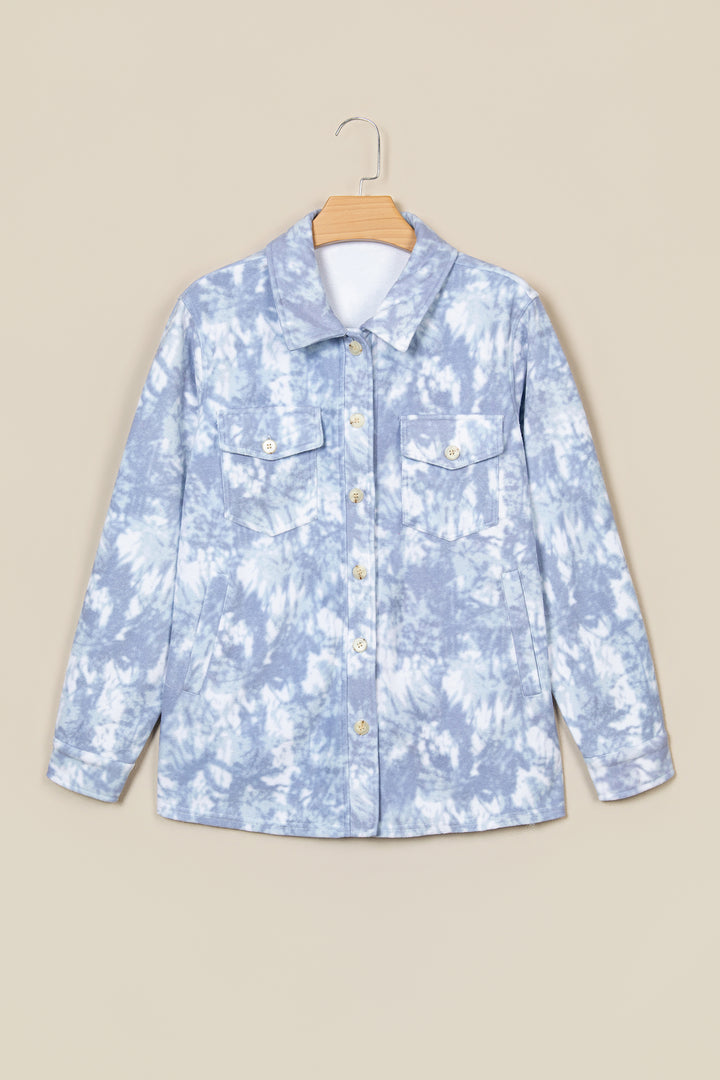 Gray Abstract Print Fuzzy Collar Long Sleeve Patch Pocket Tunic Jacket