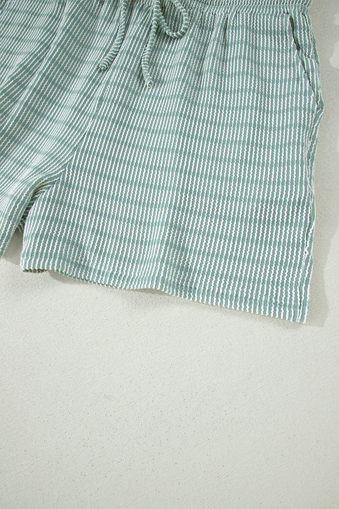 Green Stripe Raised Rib Loose Tee Drawstring Elastic Waist 2pcs Short Set
