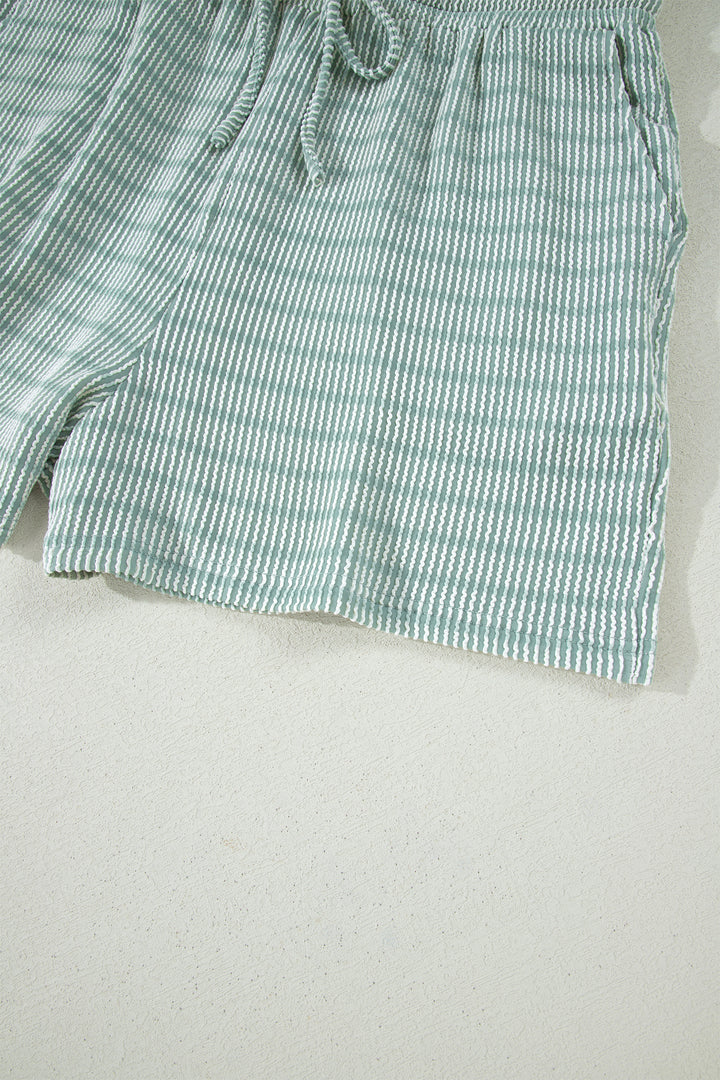 Green Stripe Raised Rib Loose Tee Drawstring Elastic Waist 2pcs Short Set