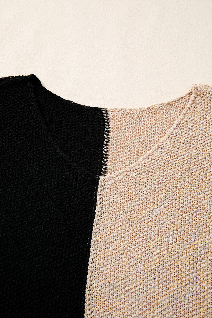 Black Color Block Knit V Neck Loose Sweater