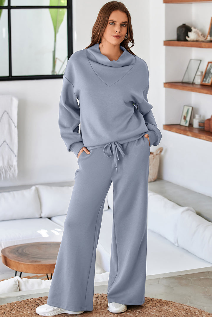Dusk Blue Cowl Neck Drawstring Pullover Wide Leg Athleisure Pants Set