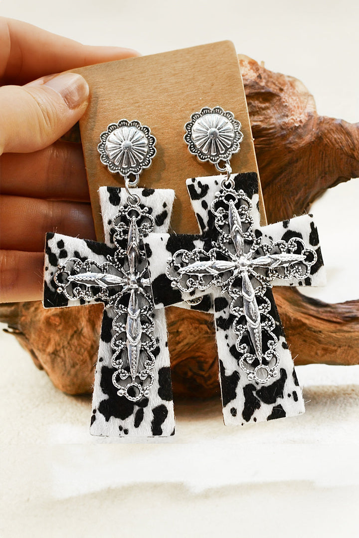 Boucles d'oreilles pendantes à motif vache et croix de foi