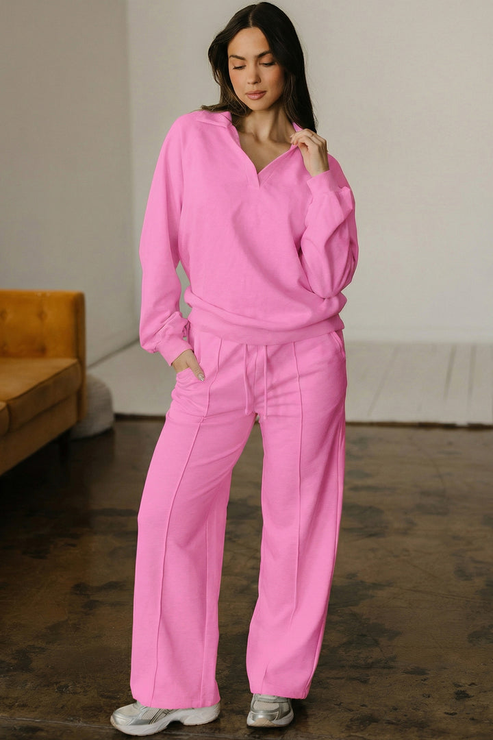Bright Pink Polo Collar Pullover and Drawstring Sweatpants Set