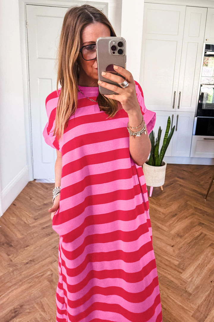 Rose Stripe Cuffed Short Sleeve Casual T Shirt Long Dress