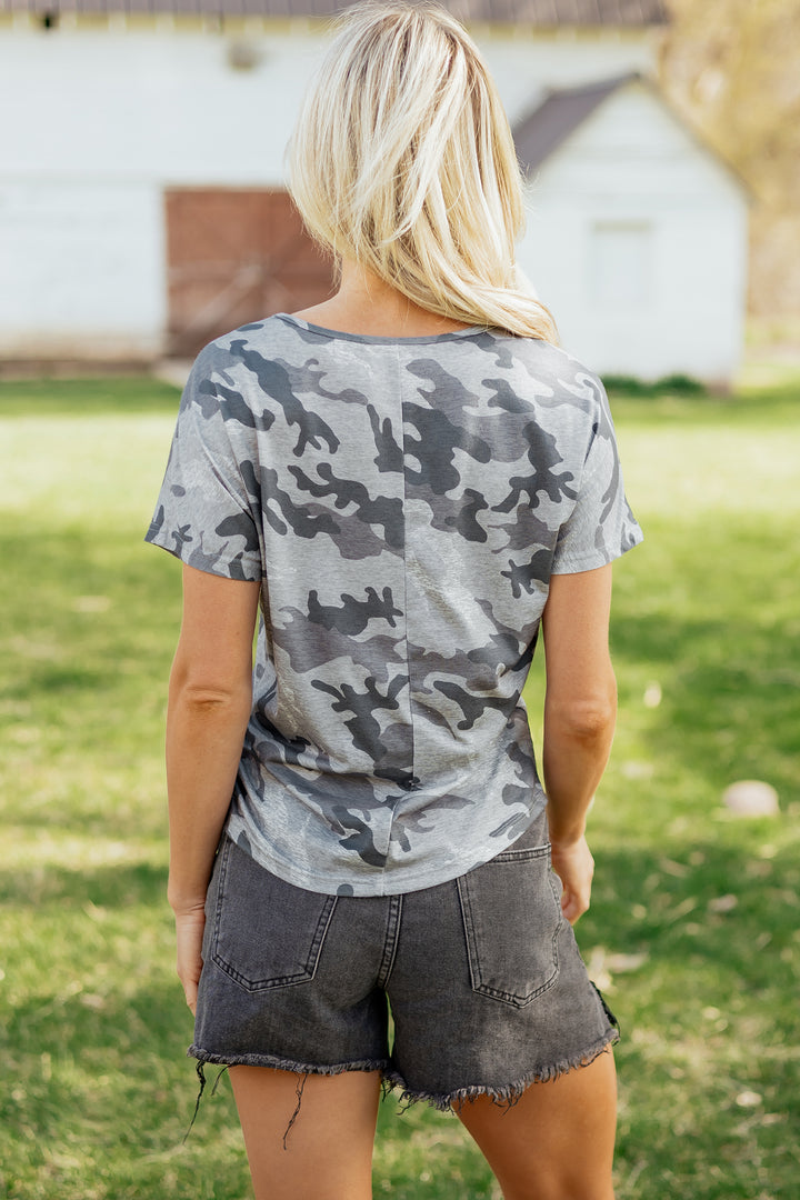 Casual Gray Camouflage Print Round Neck T Shirt