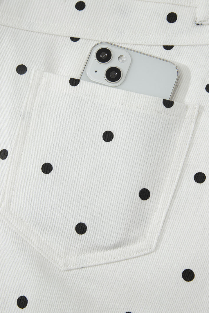 White Polka Dot Print Embroidered Scallop Hem Shorts