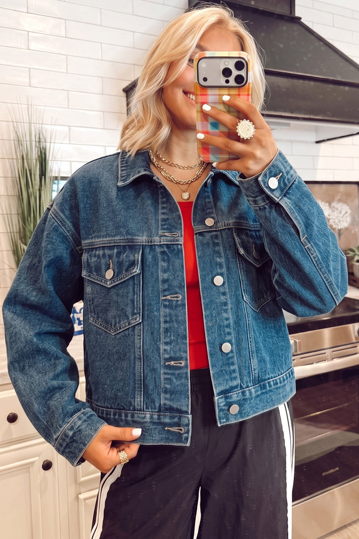 Navy Blue Vintage Button Flap Pocket Casual Denim Jacket
