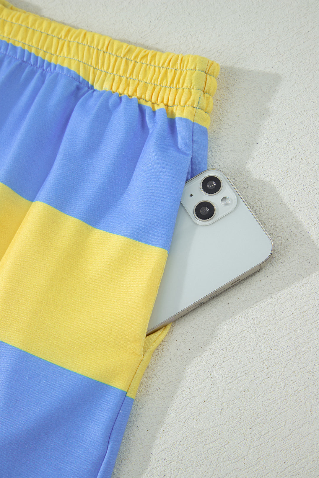 Yellow Stripe Half Zipper Placket Bracelet Sleeve Top Casual Shorts Set