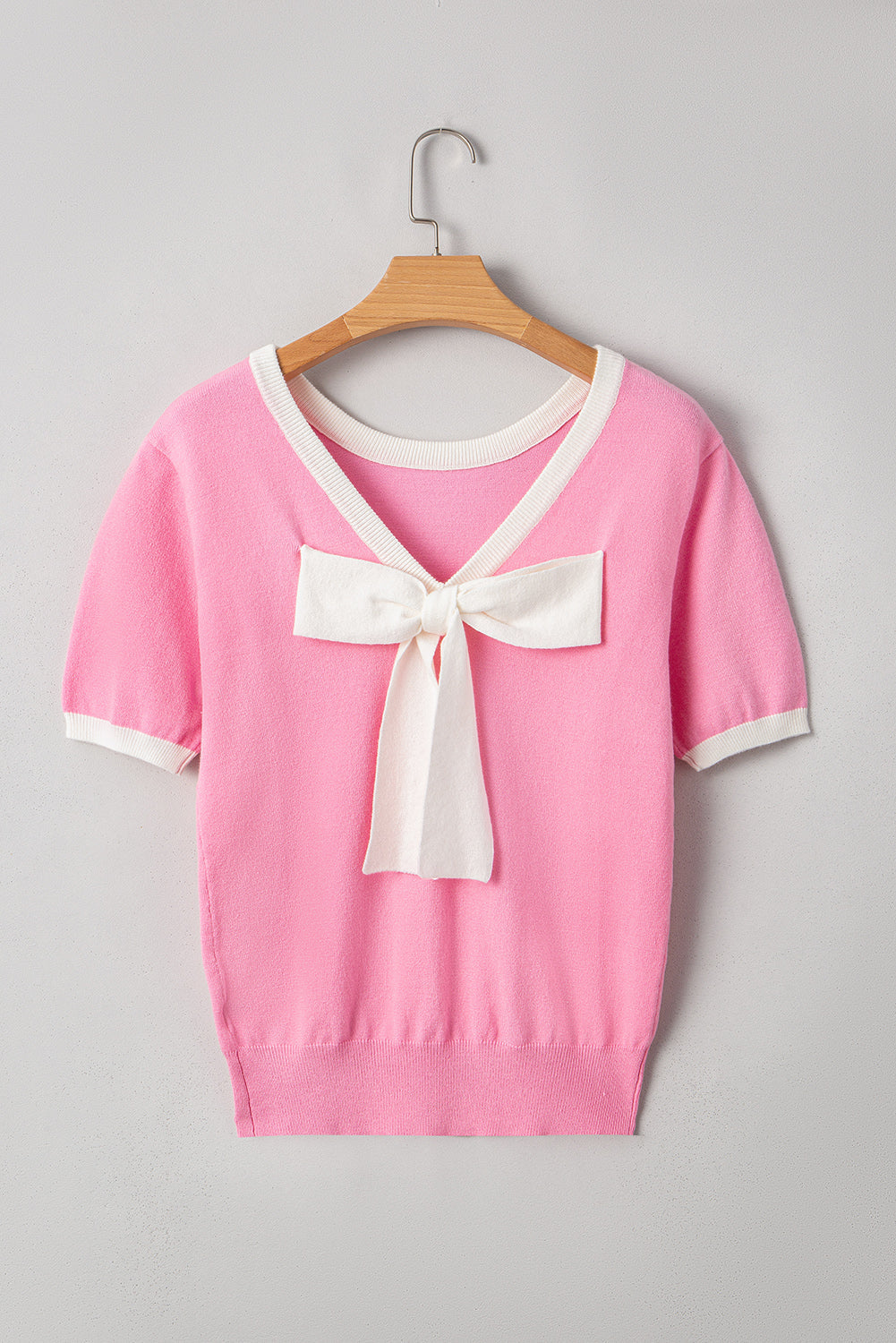 colorblock bow v shape cut back short sleeve sweater