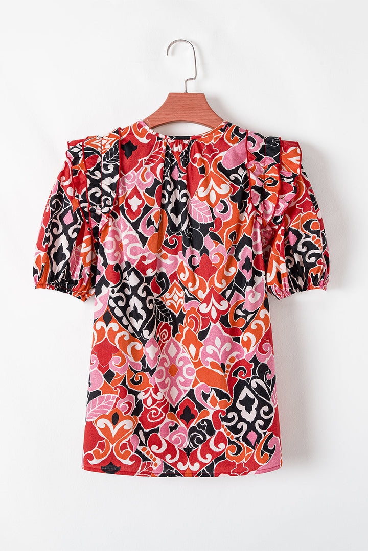 ethnic print split neck short puff sleeve blouse