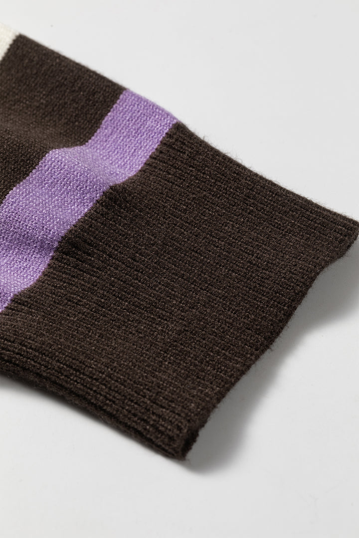Brown Stripe Embroidered Detail Drop Shoulder Pullover Sweater