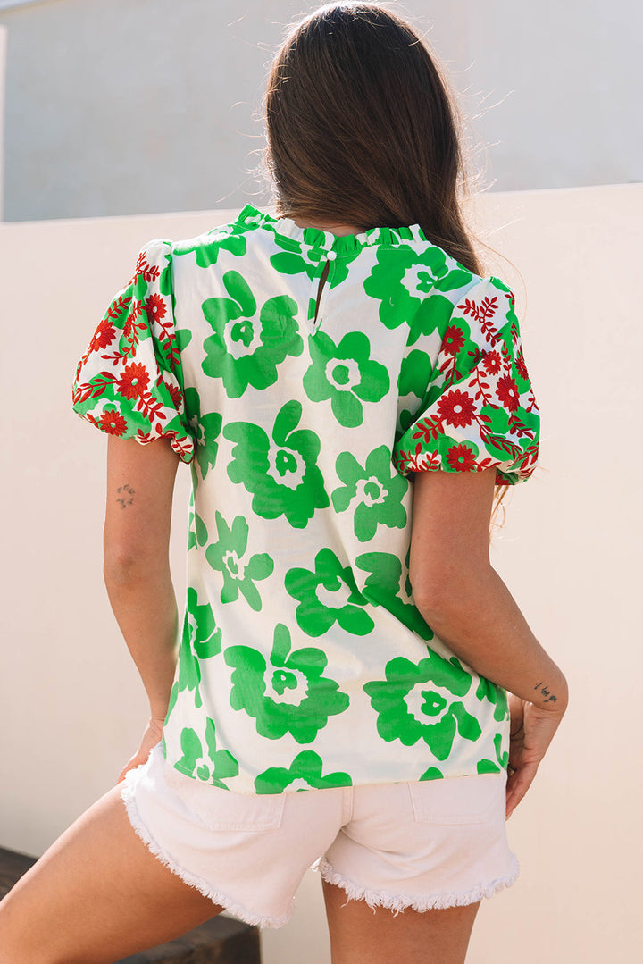 Contrast Embroidered Puff Short Sleeve Floral Blouse