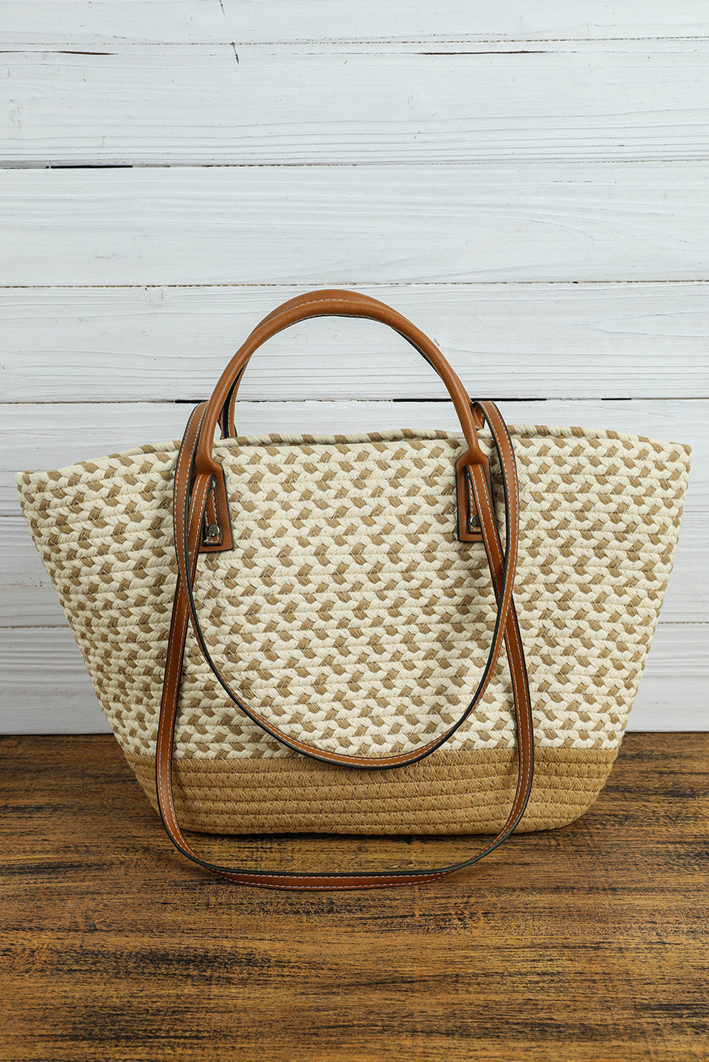 Contrast Woven Leather Handle Single Shoulder Bag