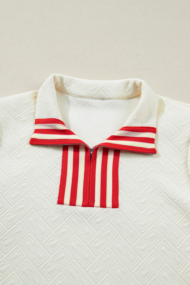 Textured Knit Contrast Striped Accent Zipped Collar Pullover Top