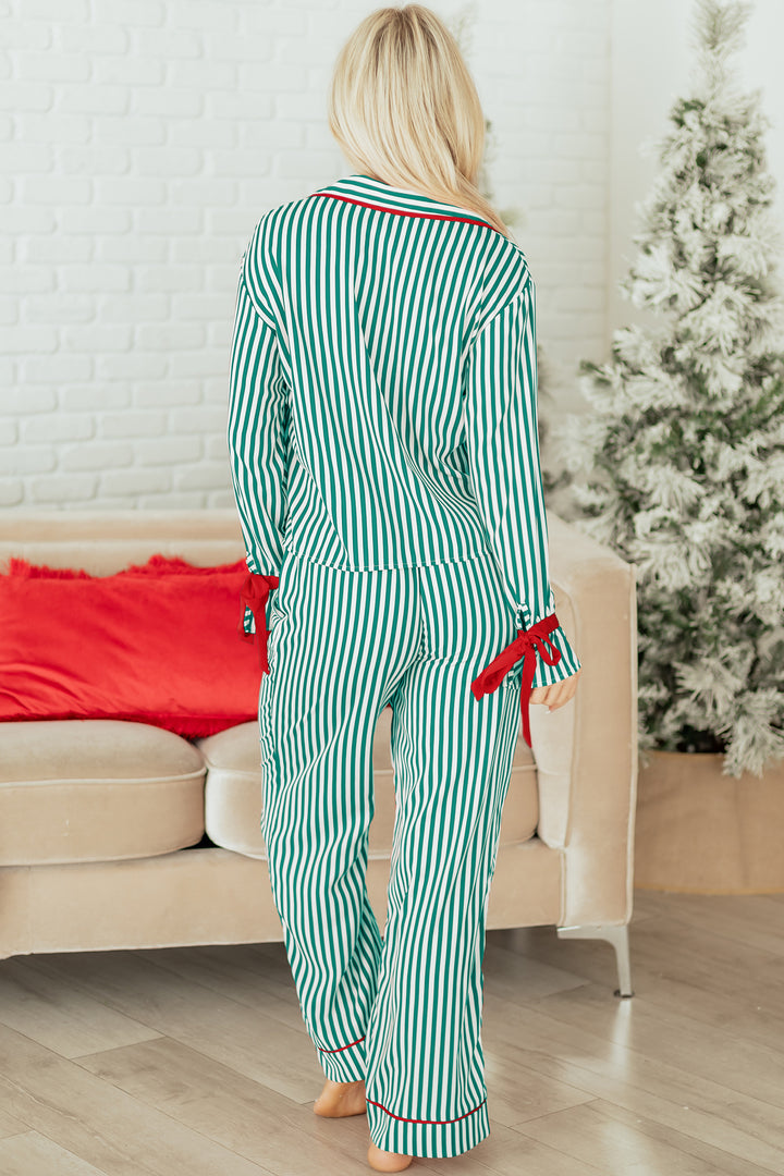 Green Stripe Contrast Velvet Trim Bow Knot Waist 2pcs Pajama Set