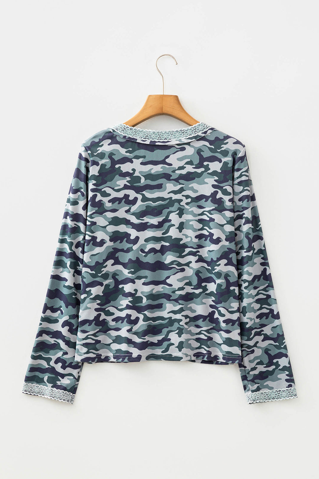 Green Camouflage Print Lace Patchwork Detail Button Long Sleeve Top