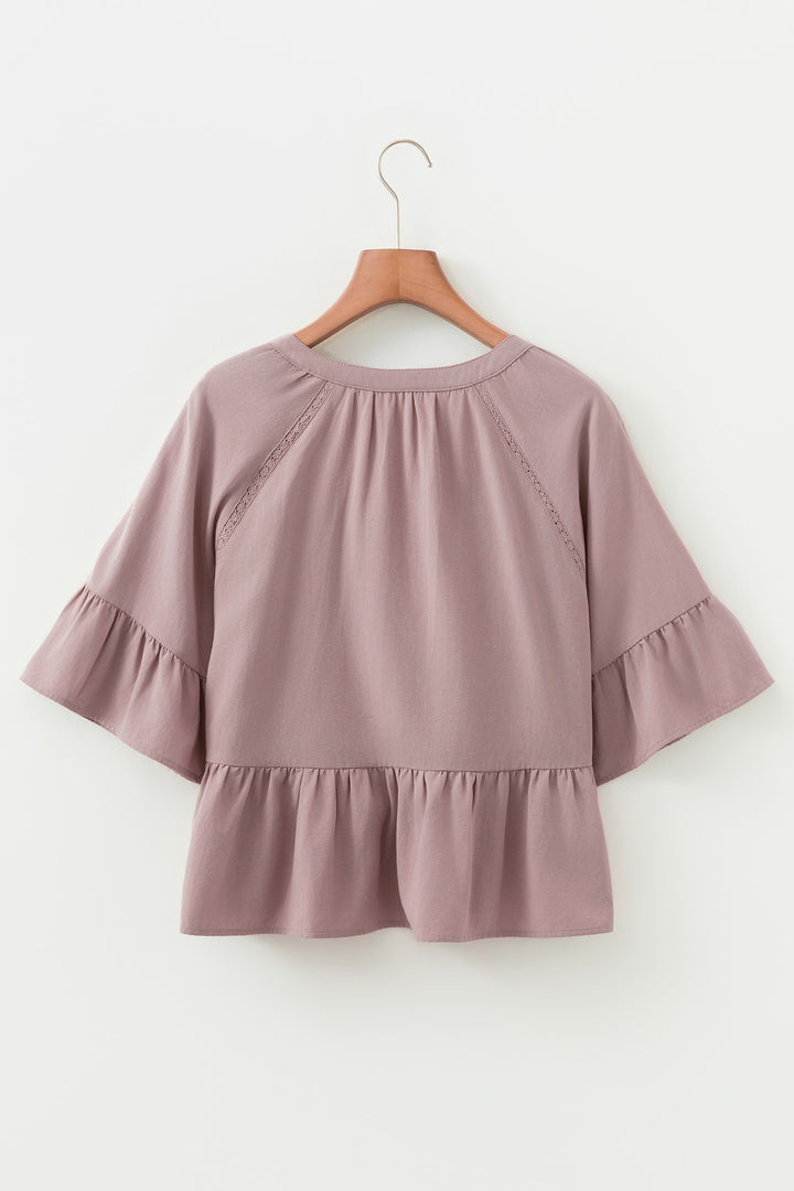 Slit V Neck Ruffled Loose Blouse