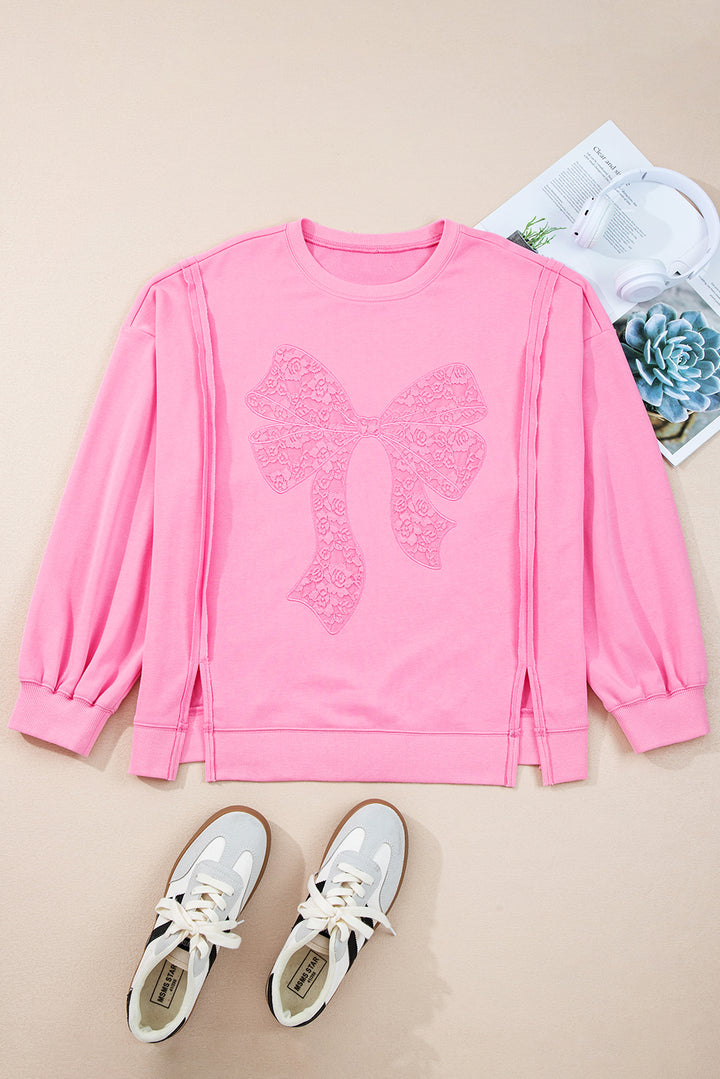 Pink Big Bow Lace Embroidered Dolman Sleeve Slit Plus Size Sweatshirt