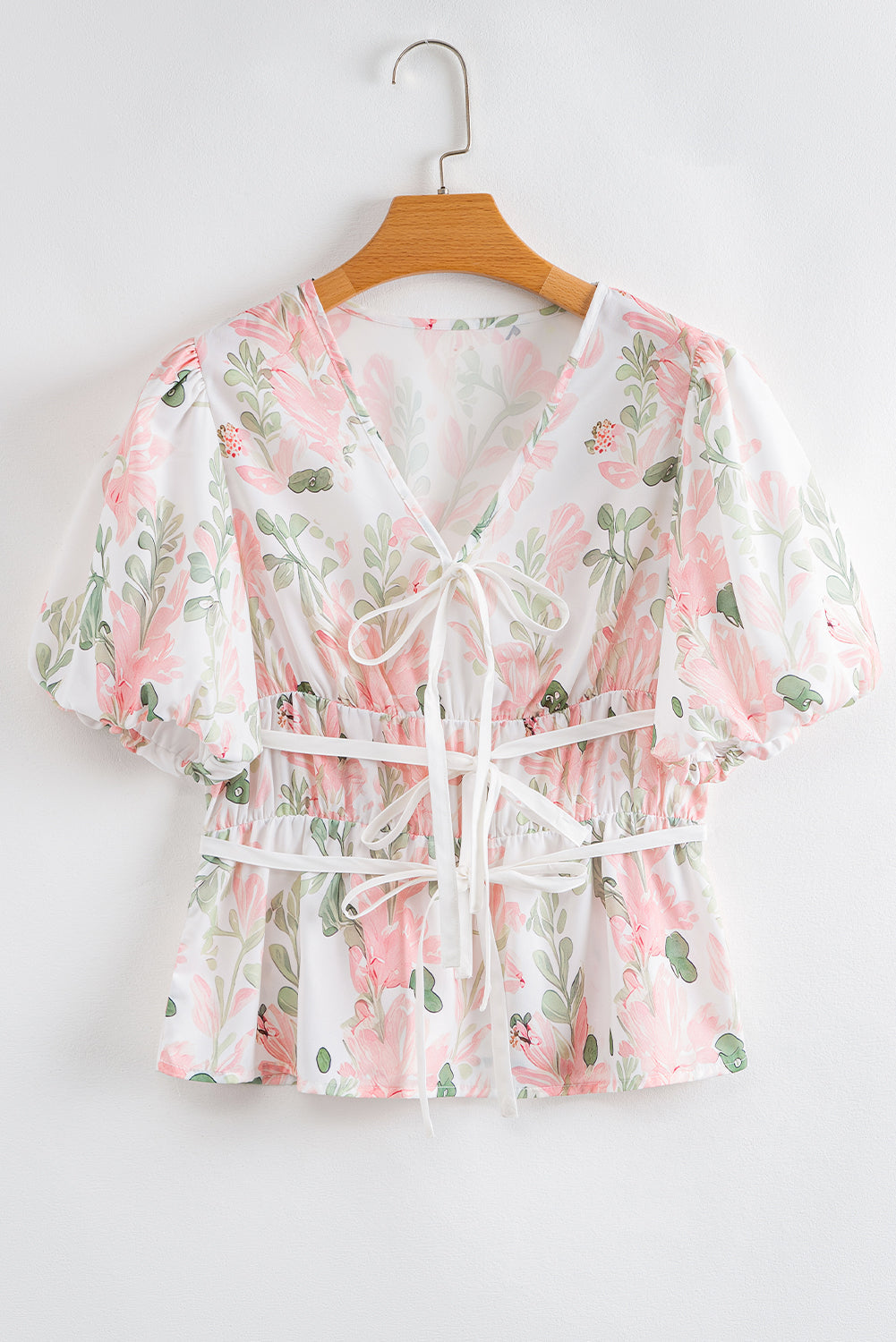 floral puff sleeve v neck tied front peplum blouse