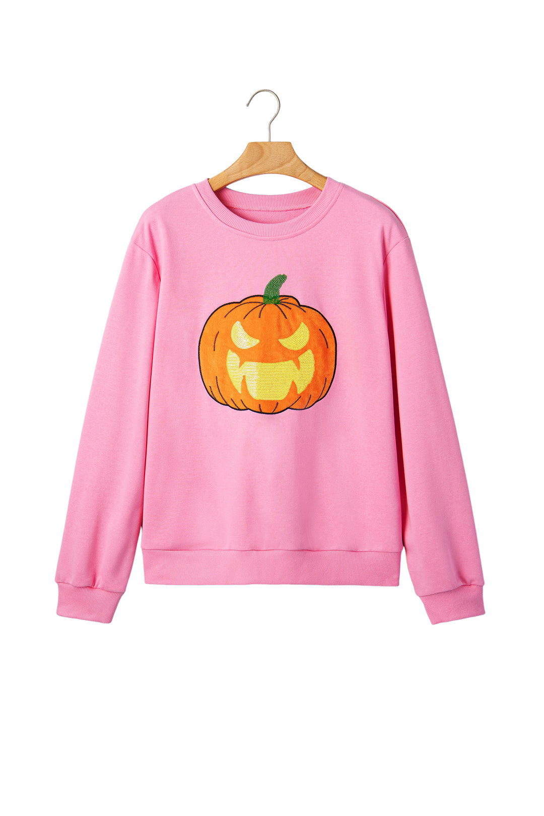 Pink Embroidered Pumpkin Face Long Sleeve Round Neck Sweatshirt