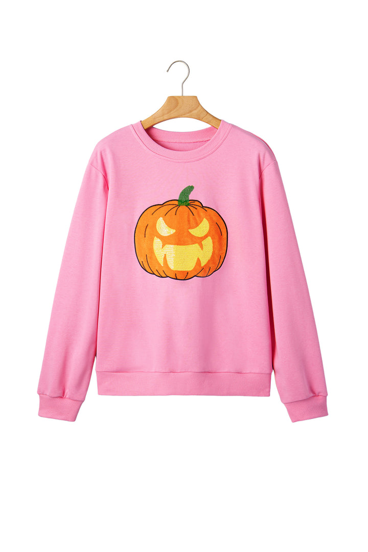 Pink Embroidered Pumpkin Face Long Sleeve Round Neck Sweatshirt
