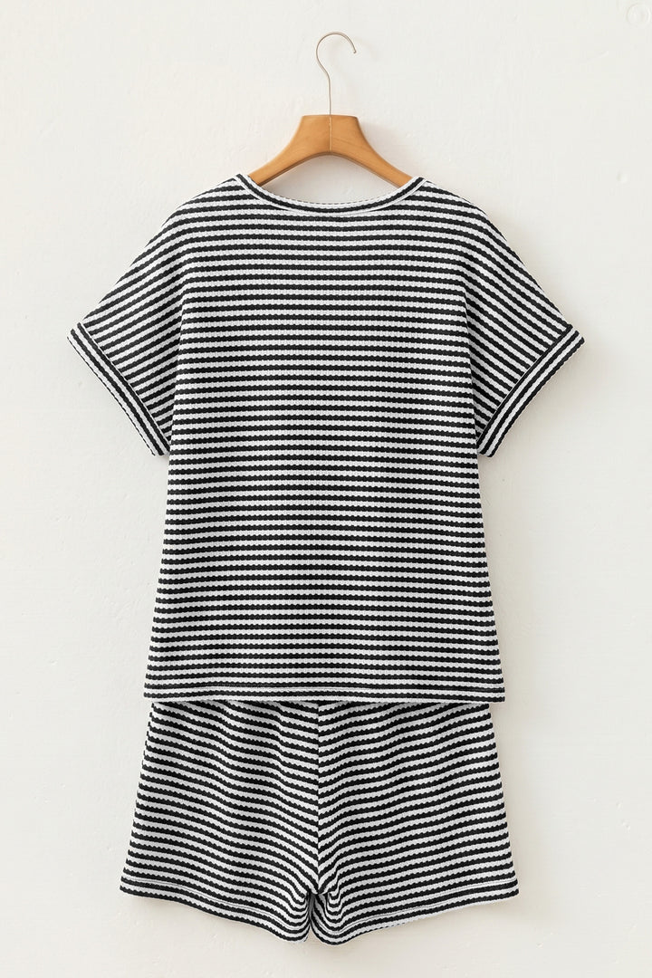 Black Stripe Breathable Textured Knit Short 2pcs Set