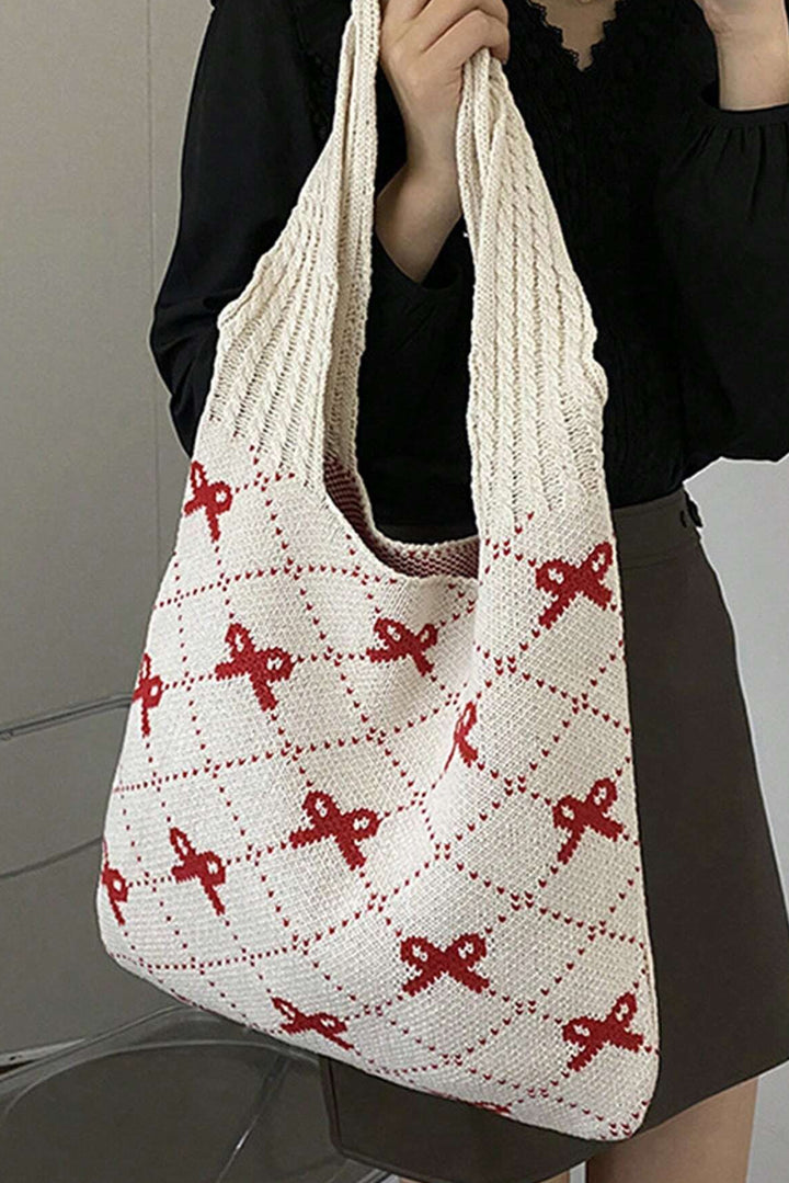 Bow Argyle Pattern Cable Knit Handle Tote Bag