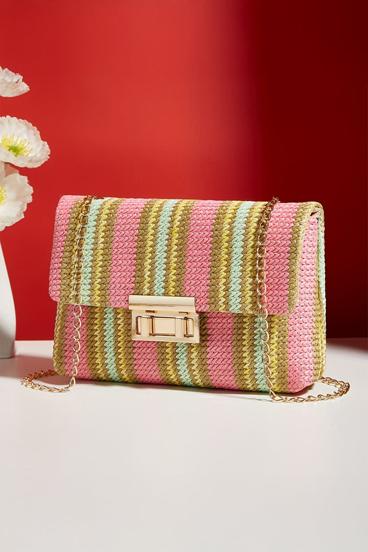 Stripe Woven Flap Chain Strap Shoulder Bag