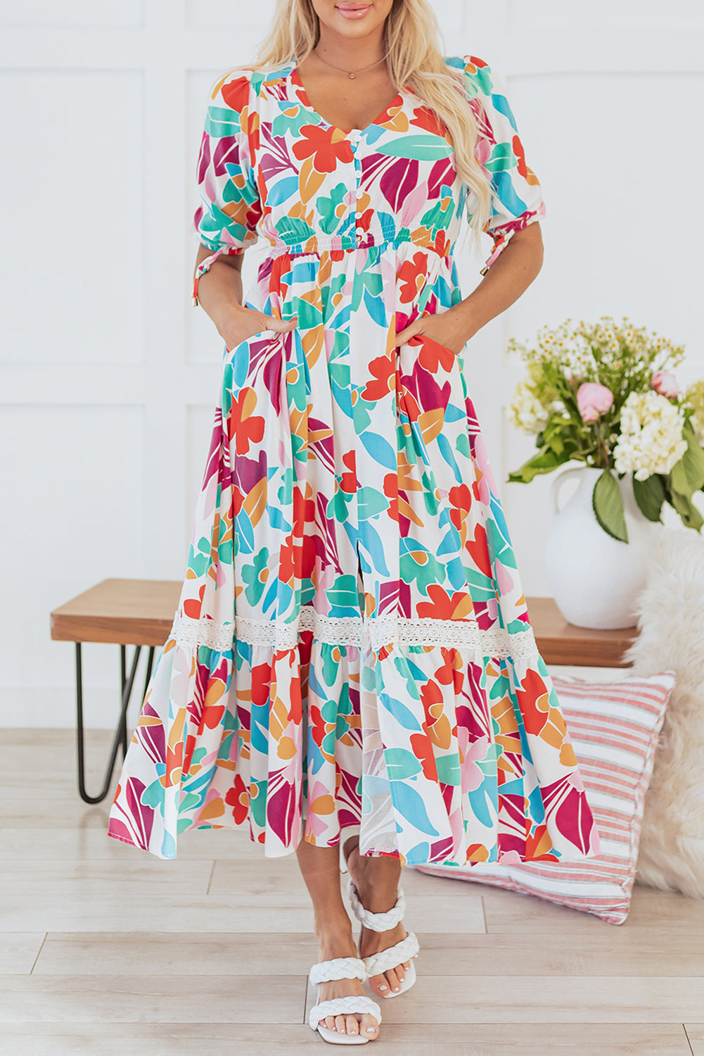 Floral Knot Puff Sleeve V Neck Buttoned Front Split Lace Maxi Dress