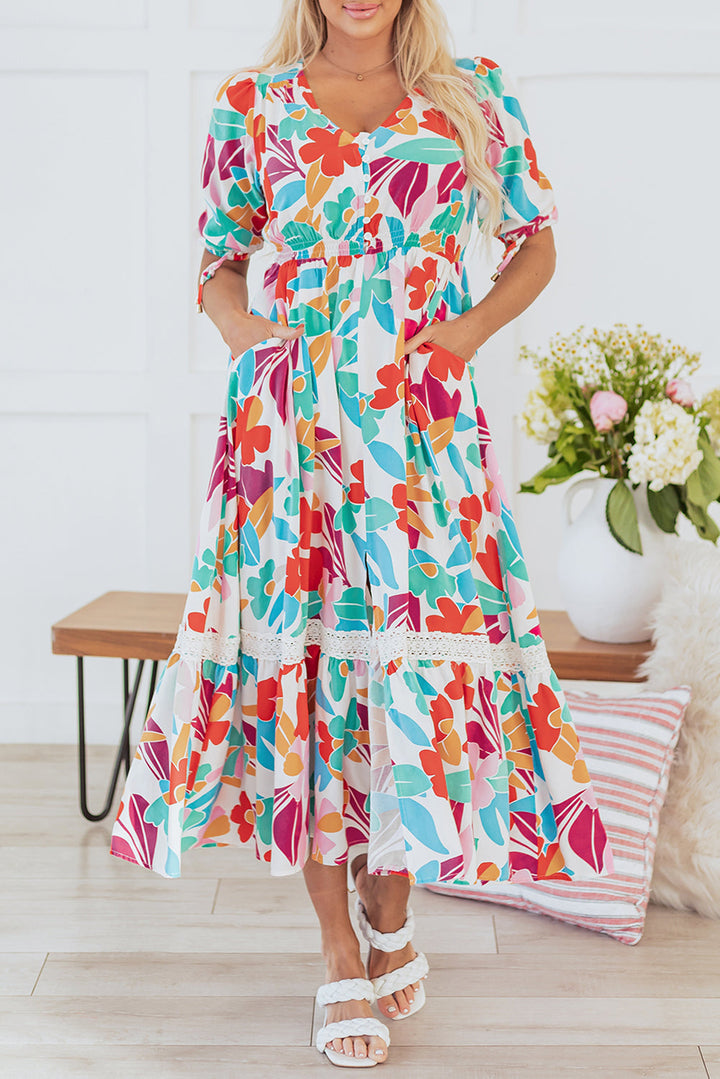 Floral Knot Puff Sleeve V Neck Buttoned Front Split Lace Maxi Dress