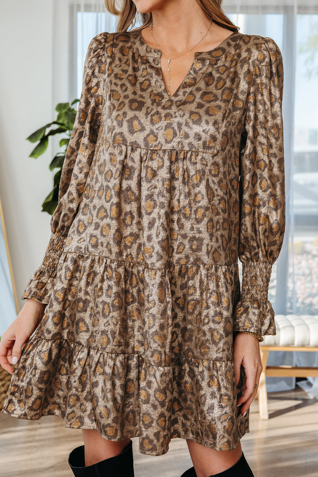 Leopard Print V Neck Ruffled Sleeve Tiered Loose Mini Dress