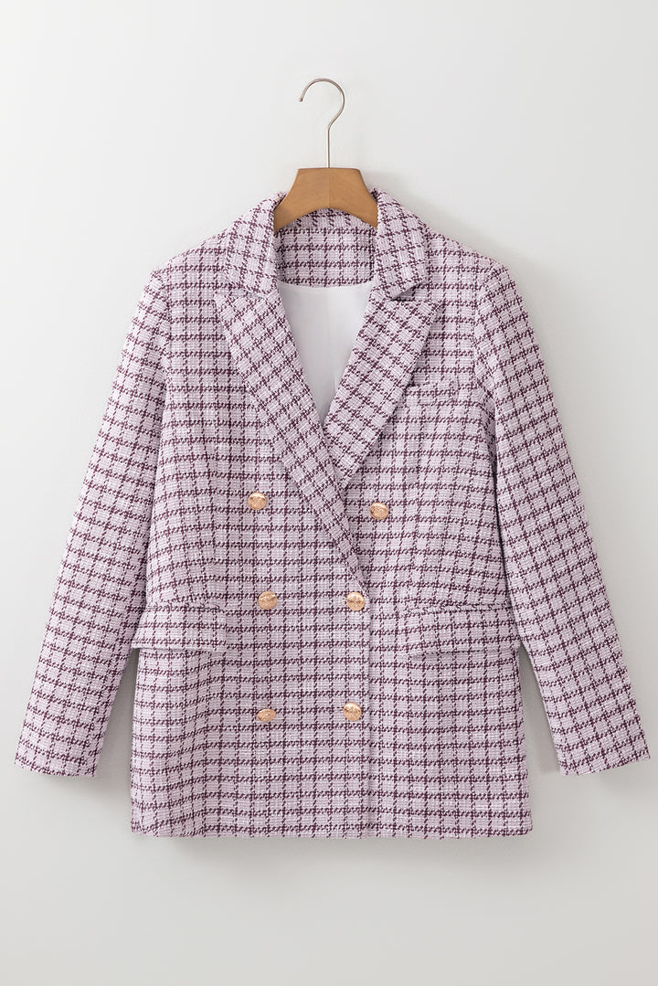 Burgundy Elegant Tweed Plaid Blazer