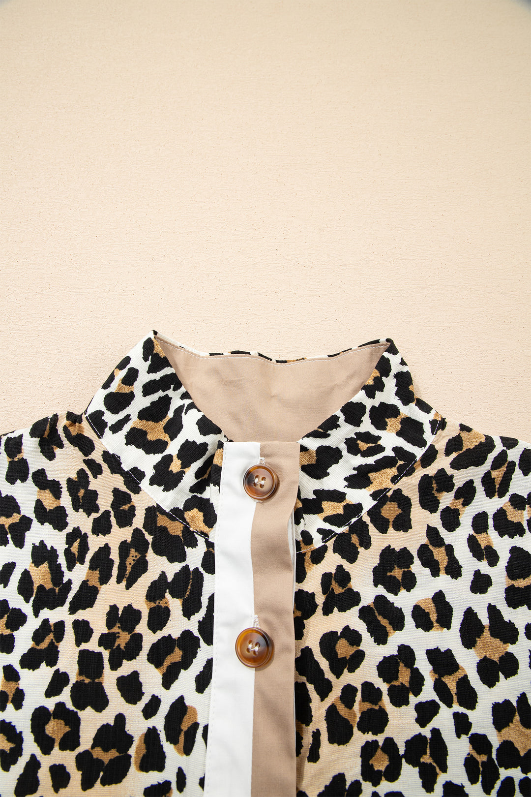 Half Buttons Short Sleeve Loose Leopard Mini Dress with Pockets