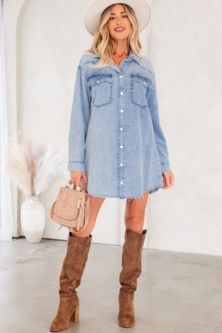Chest Pocket Raw Hem Denim Loose Shirt Dress