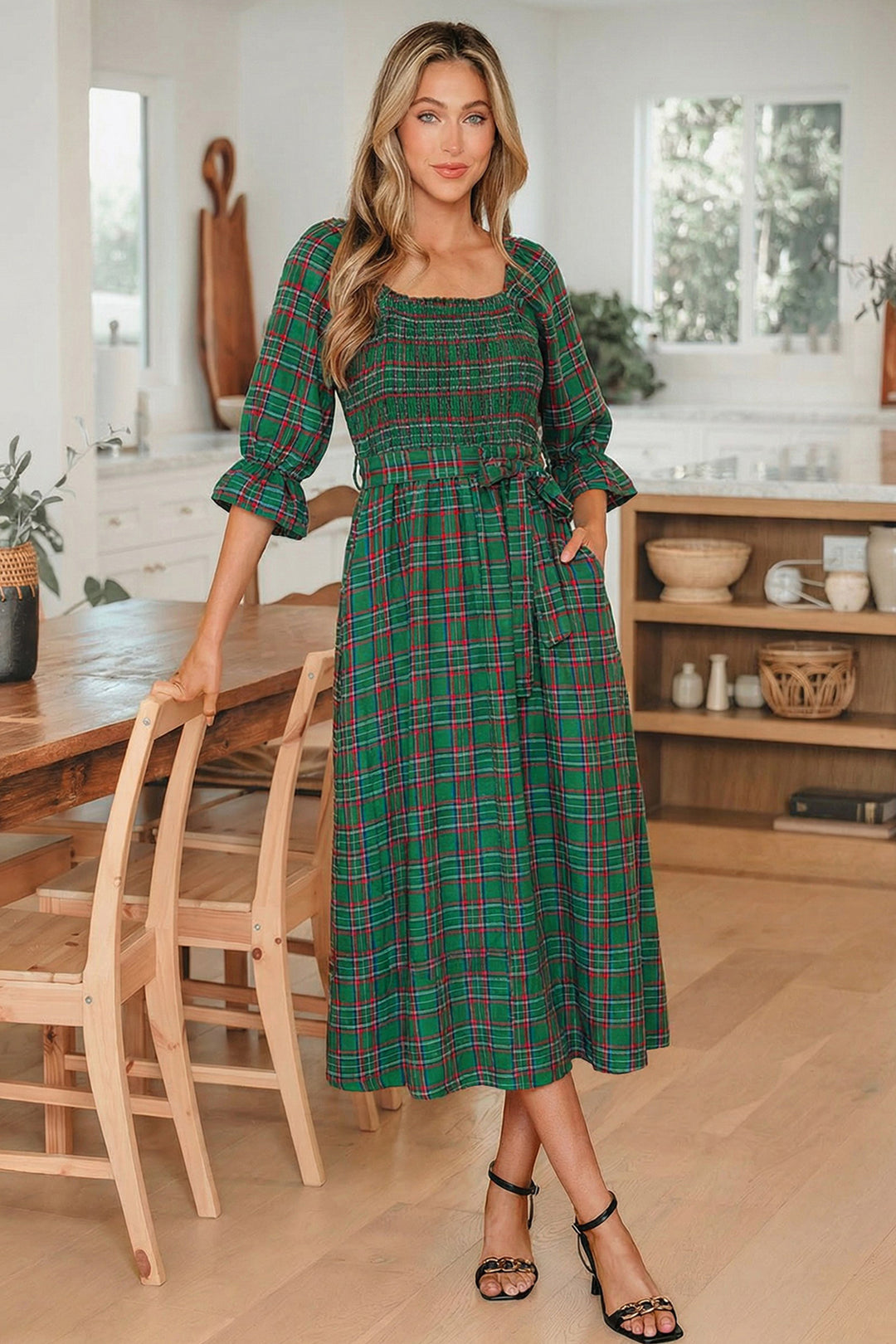 Green Tartan Plaid Square Neck Knot Waist Flared Midi Dress – ModeShe