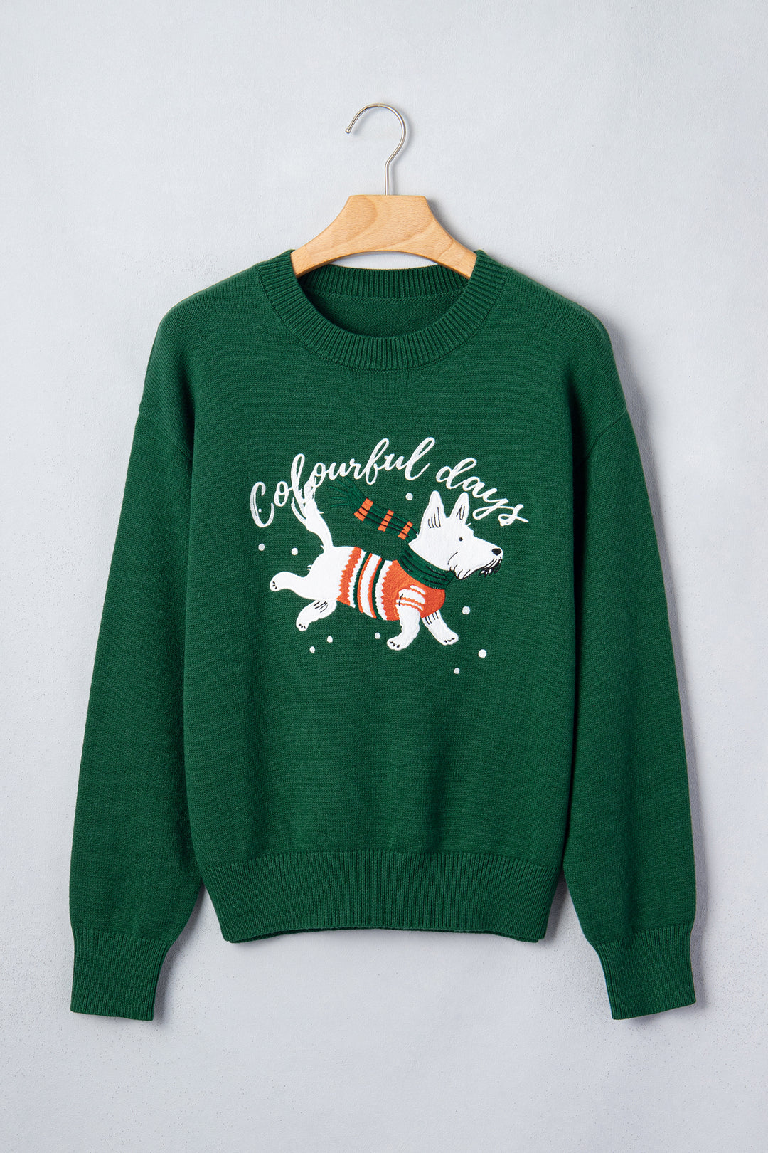 Blackish Green Abstract Dog Embroidery Christmas Fashion Round Neck Sweater