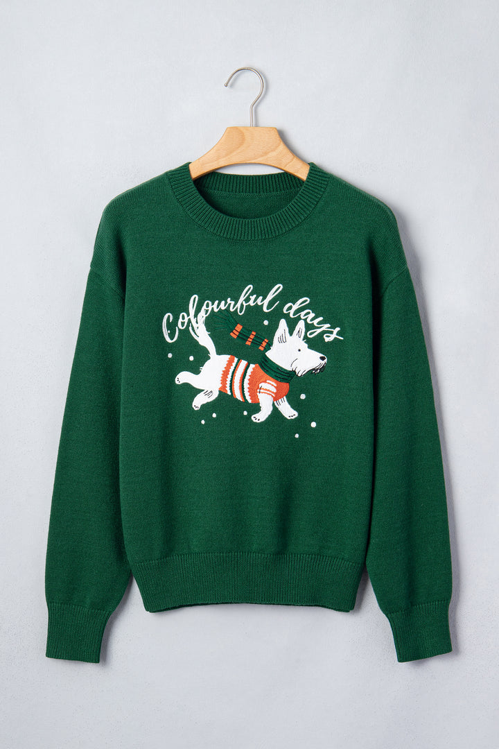Blackish Green Abstract Dog Embroidery Christmas Fashion Round Neck Sweater