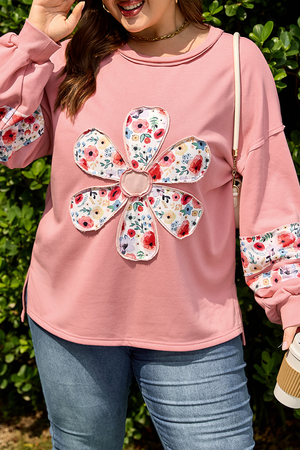 Peach Blossom Plus Size Floral Applique Drop Shoulder Sweatshirt