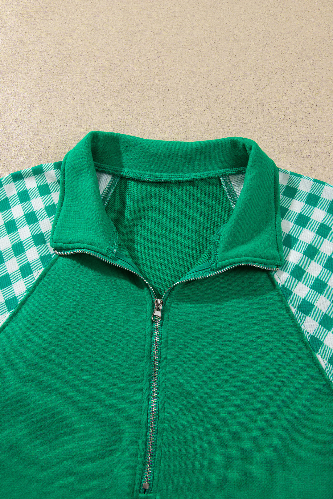 Bright Green Plaid Patchwork Half Zip Pullover Drawstring Short Set
