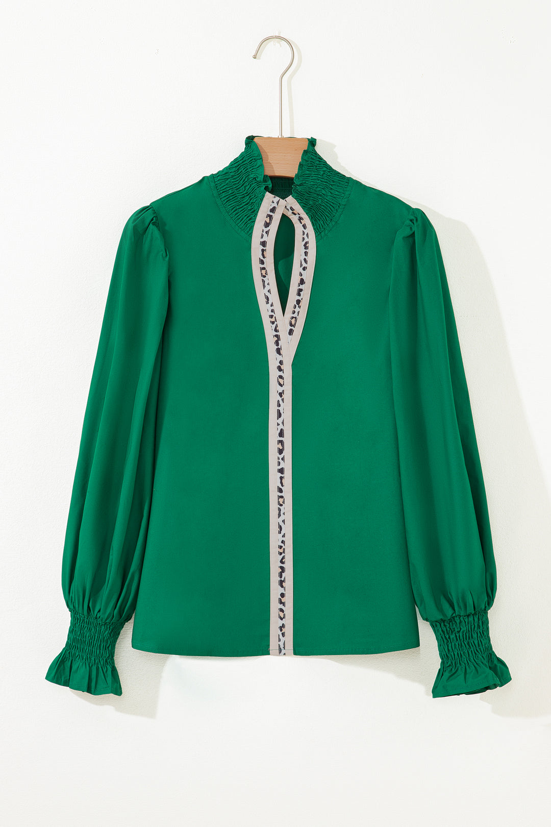 Puffy Flounce Sleeve Leopard Trim V Neck Blouse