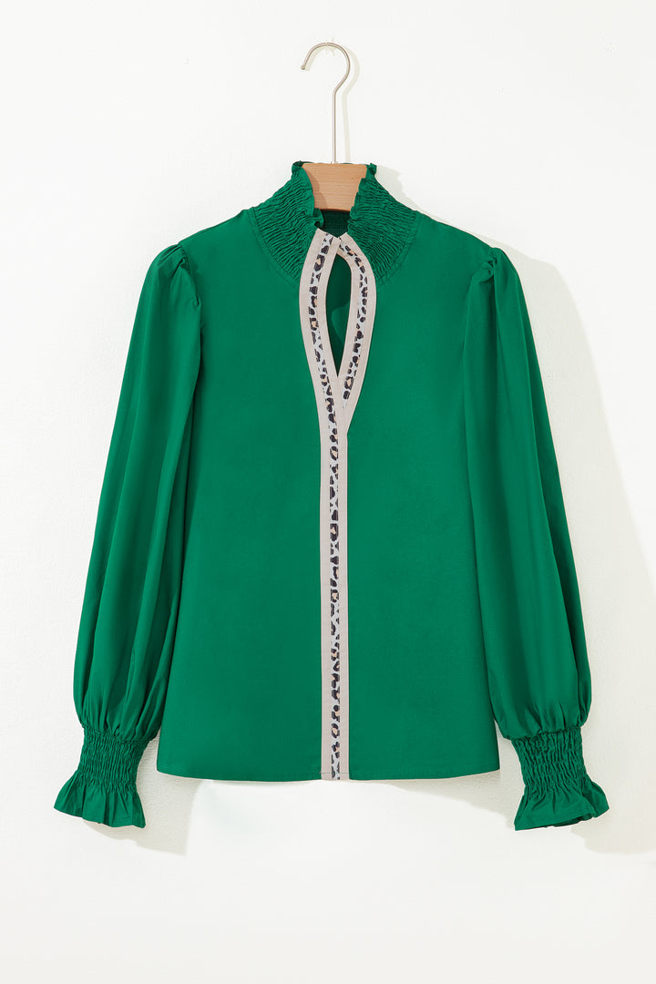 Puffy Flounce Sleeve Leopard Trim V Neck Blouse