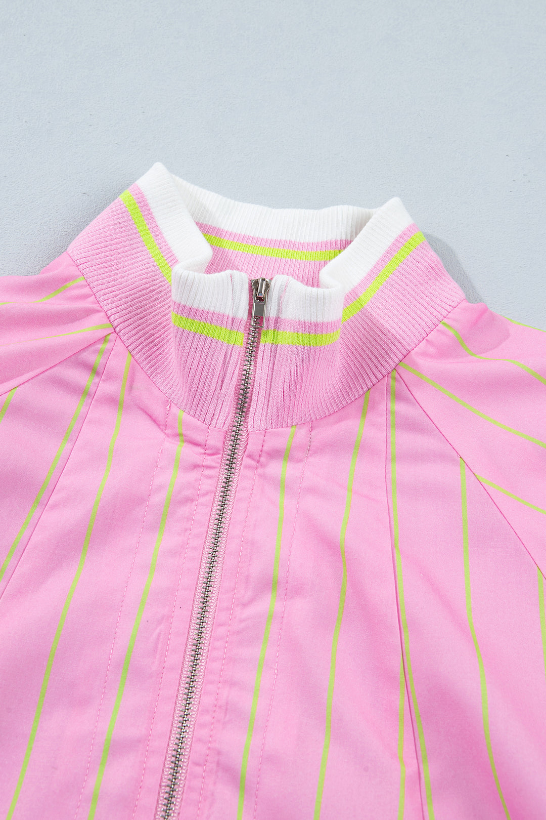 Pink Stripe Striped V-Neck Half Sleeve Zipper Ribbed Cuff Casual Shift Blouse