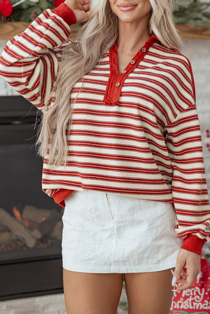 Buttoned V Neck Collared Drop Shoulder Top