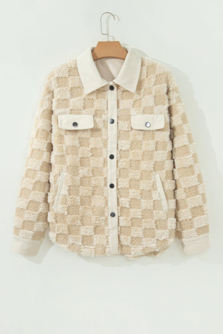 Khaki Plush Checkered Corduroy Shift Silhouette Shacket