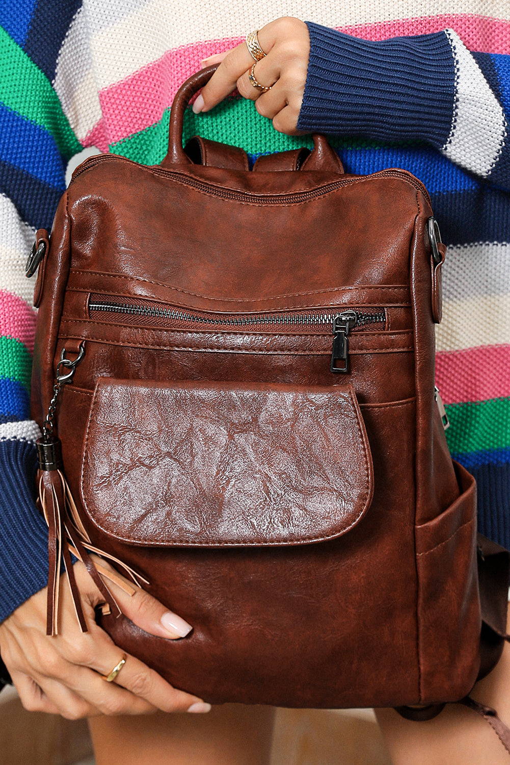 Tassel Decor Retro PU Large Capacity Backpack