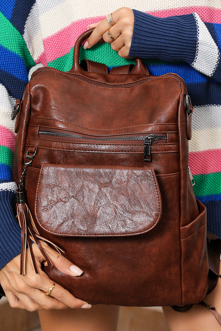 Tassel Decor Retro PU Large Capacity Backpack