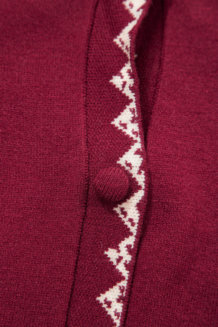 Burgundy Bow Pocket Collar Long Sleeve Knit Cardigan