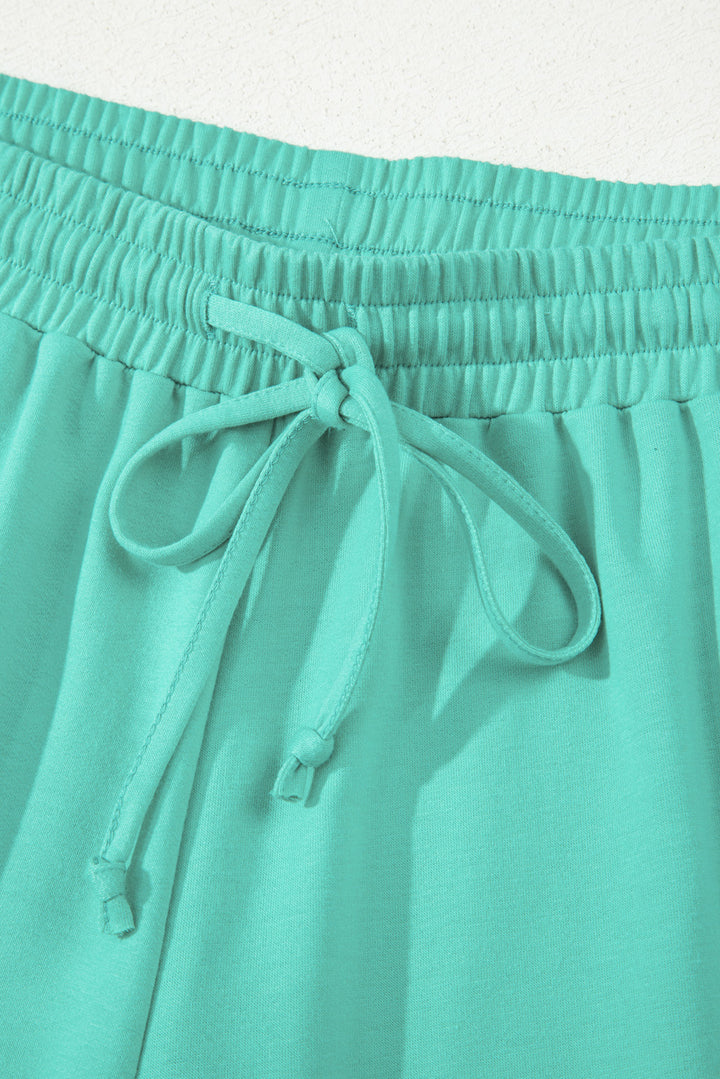 Sea GreenV Neck Pullover Top and Drawstring Short Plus Size Set