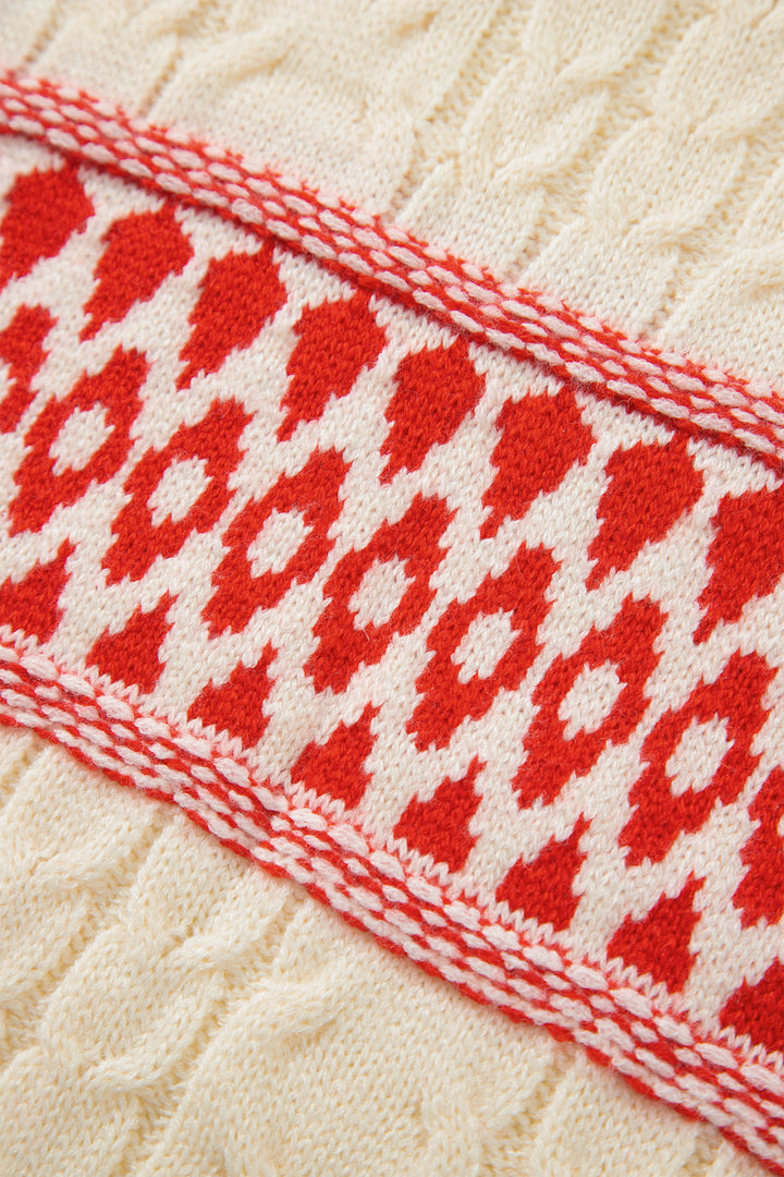 Red Western Print Round Neck Long Sleeve Shift Sweater